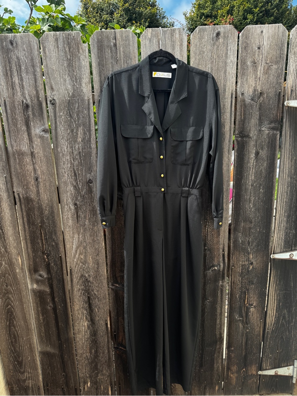 Vintage 90s Chaus Black Straight-Leg Long-Sleeve Jumpsuit with Gold Buttons